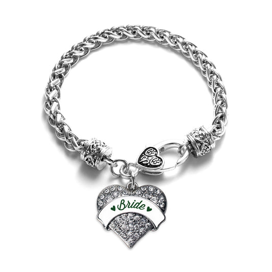 Silver Forest Green Bride Pave Heart Charm Braided Bracelet