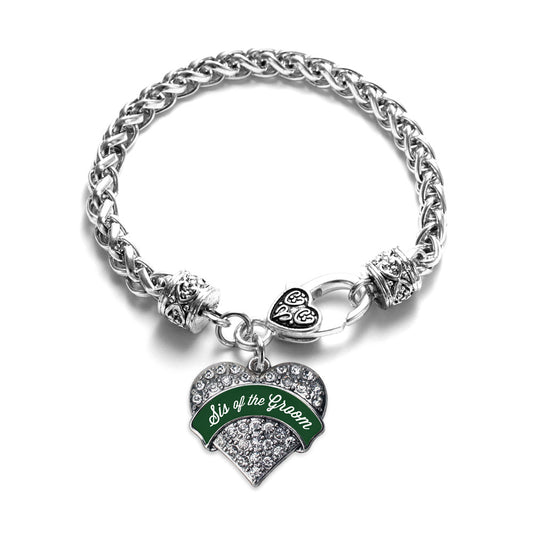 Silver Forest Green Sis of Groom Pave Heart Charm Braided Bracelet