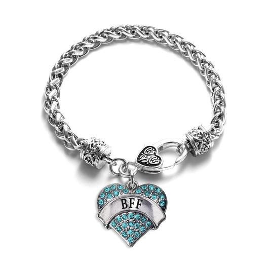 Silver Teal BFF Aqua Pave Heart Charm Braided Bracelet