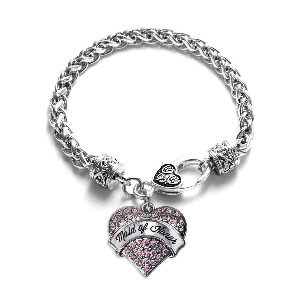 Silver Script Pink Maid of Honor Pink Pave Heart Charm Braided Bracelet
