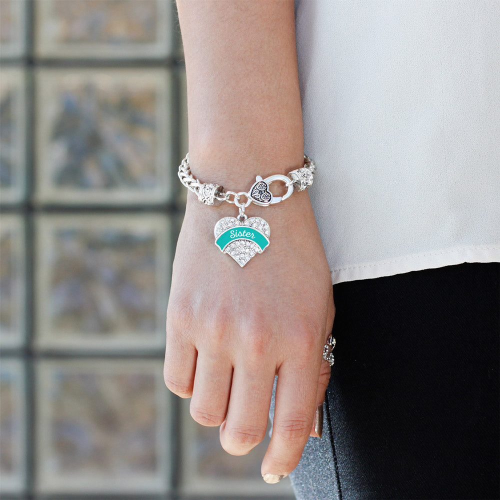 Silver Teal Sister Pave Heart Charm Braided Bracelet