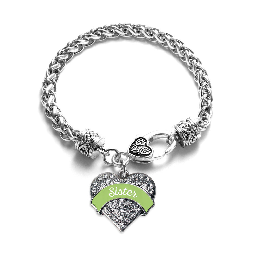Silver Sage Green Sister Pave Heart Charm Braided Bracelet