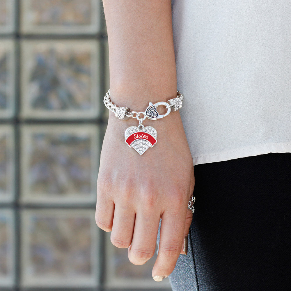 Silver Red Sister Pave Heart Charm Braided Bracelet
