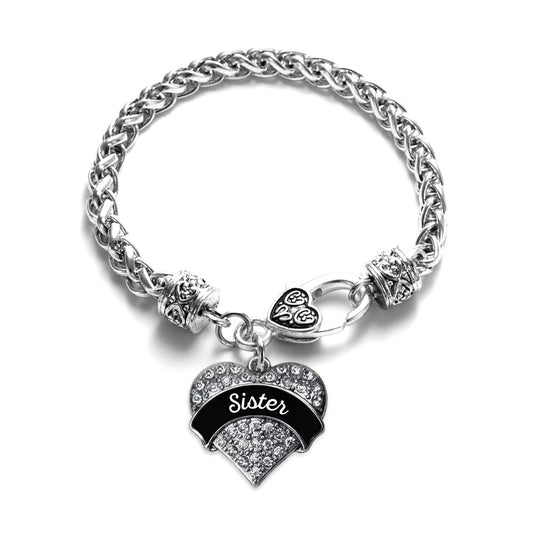 Silver Black and White Sister Pave Heart Charm Braided Bracelet