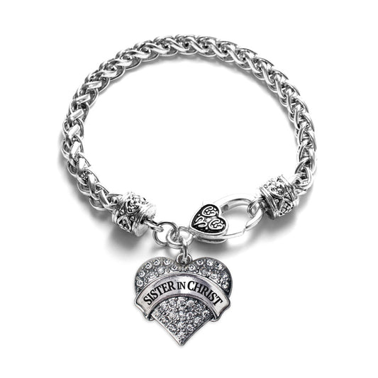 Silver Sister in Christ Pave Heart Charm Braided Bracelet