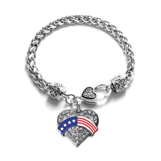 Silver American Flag Pave Heart Charm Braided Bracelet