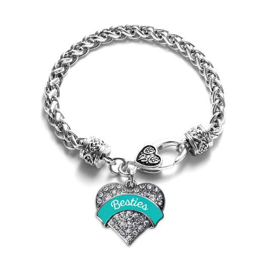 Silver Teal Besties Pave Heart Charm Braided Bracelet