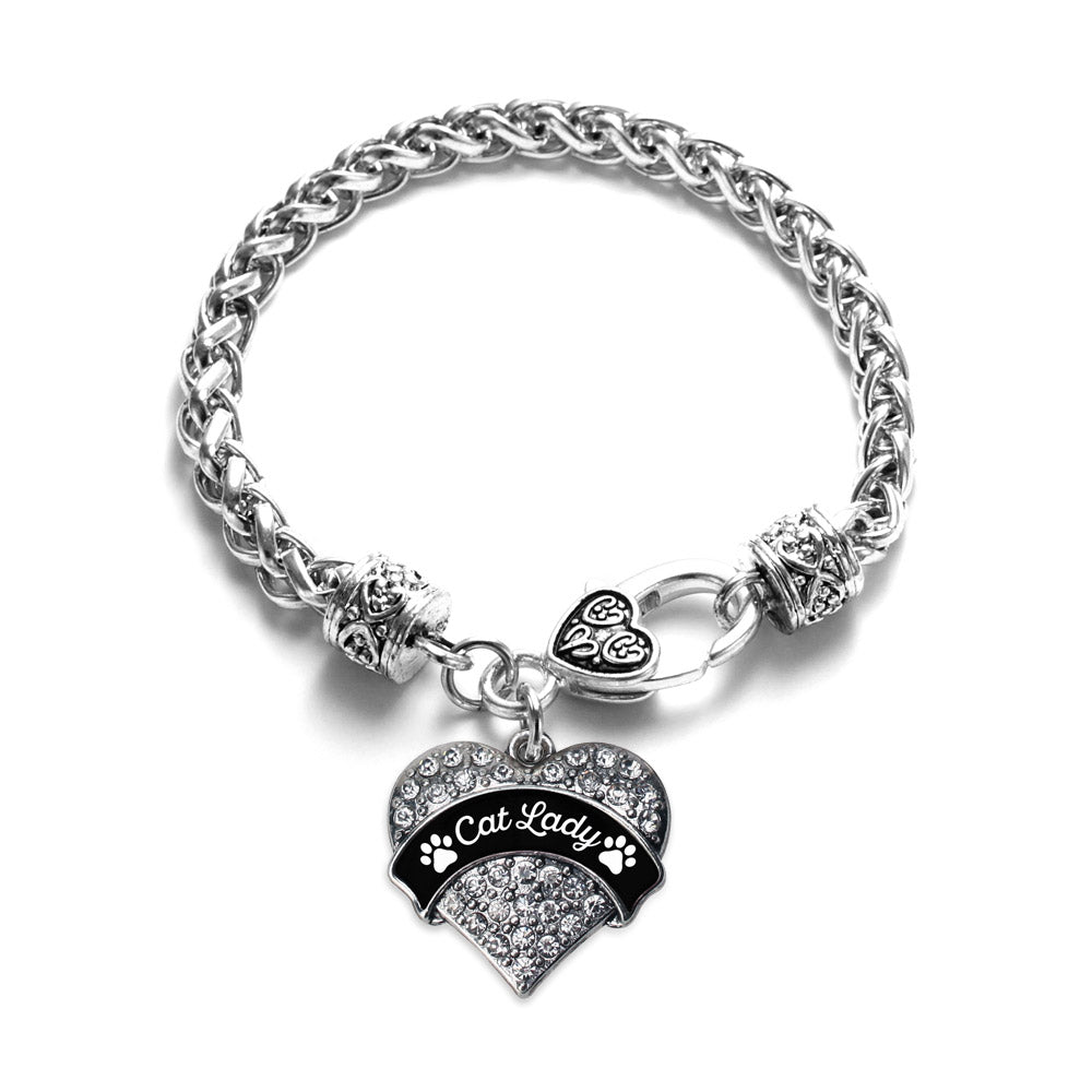 Silver Cat Lady - Paw Prints Pave Heart Charm Braided Bracelet