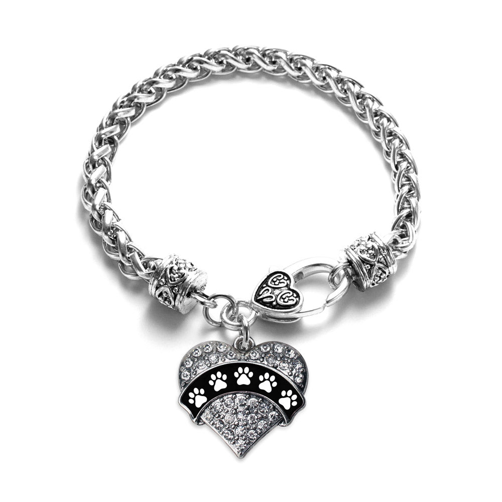 Silver Cute Paw Prints Pave Heart Charm Braided Bracelet