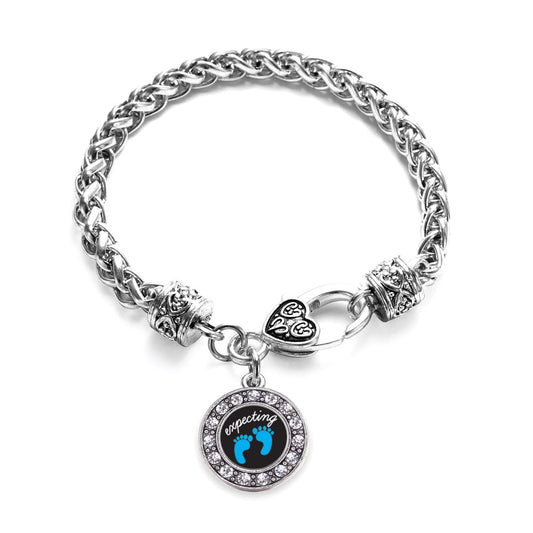 Silver Expecting A Boy Footprints Circle Charm Braided Bracelet