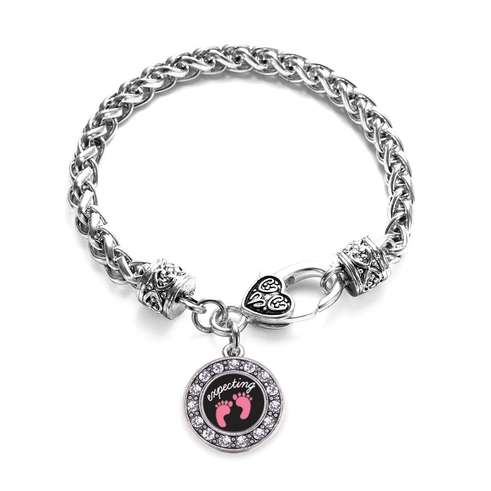 Silver Expecting A Girl Footprints Circle Charm Braided Bracelet