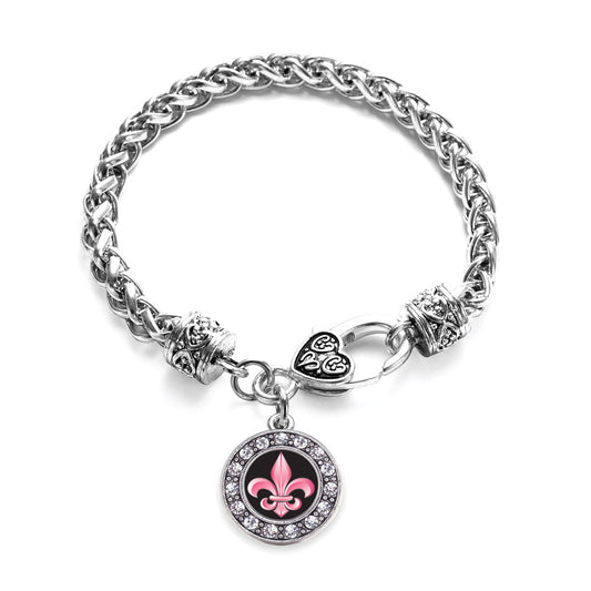 Silver Fleur De Lis Circle Charm Braided Bracelet
