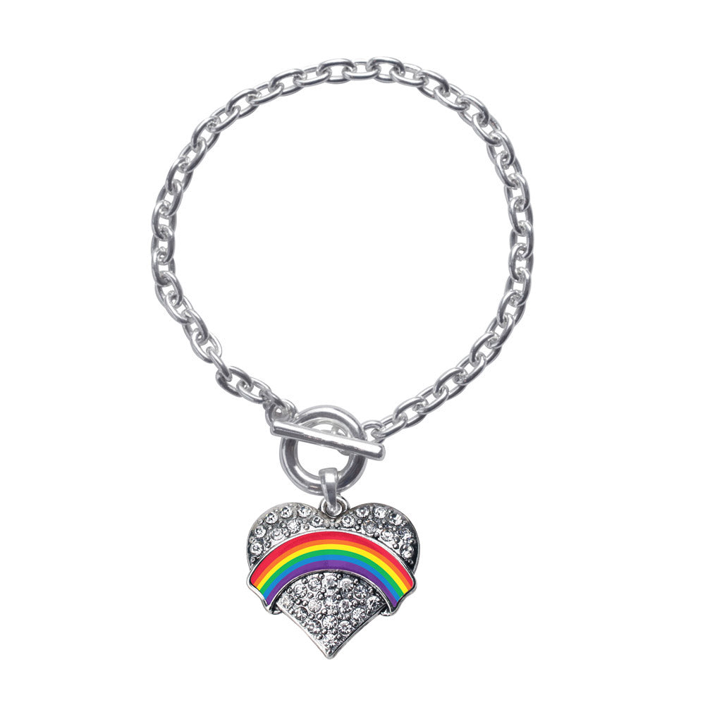 Silver LGBT Pride Pave Heart Charm Toggle Bracelet