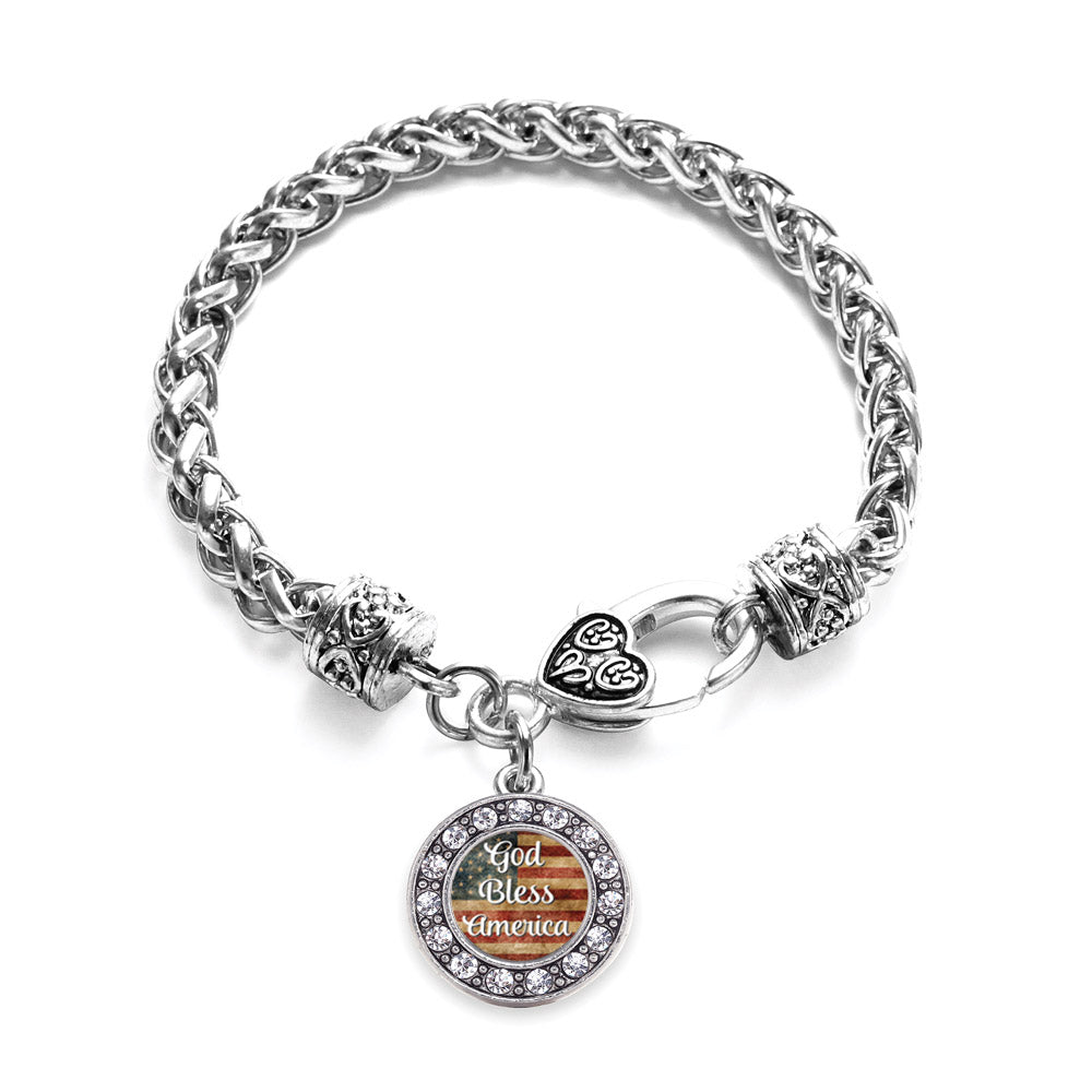 Silver God Bless America Circle Charm Braided Bracelet