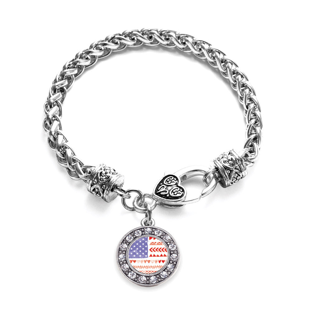 Silver Cute American Flag Circle Charm Braided Bracelet