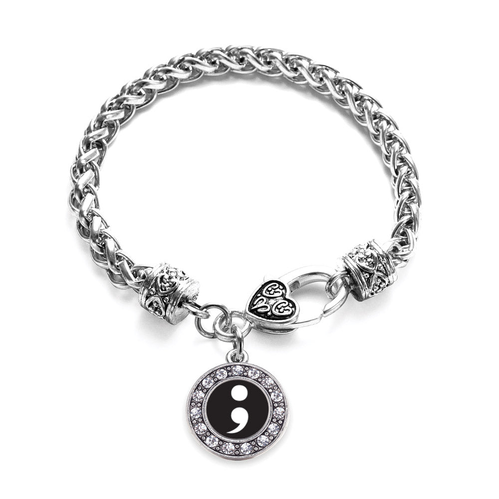Silver Semicolon Movement Circle Charm Braided Bracelet
