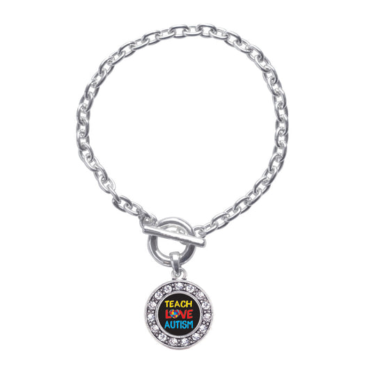 Silver Teach Love Autism Awareness Circle Charm Toggle Bracelet
