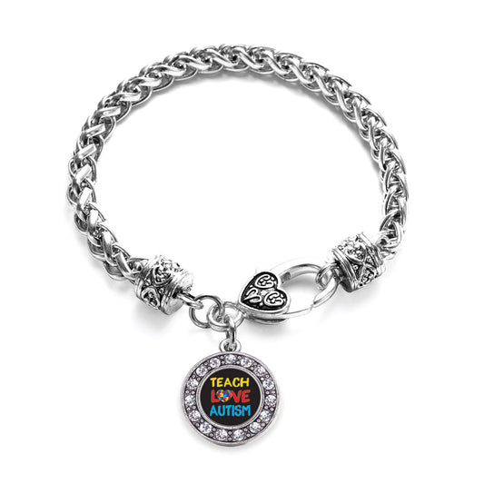 Silver Teach Love Autism Awareness Circle Charm Braided Bracelet