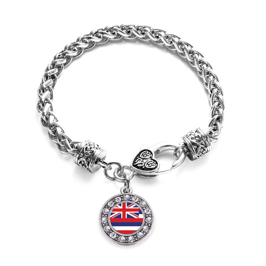 Silver Hawaii Flag Circle Charm Braided Bracelet