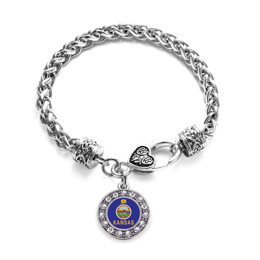 Silver Kansas Flag Circle Charm Braided Bracelet