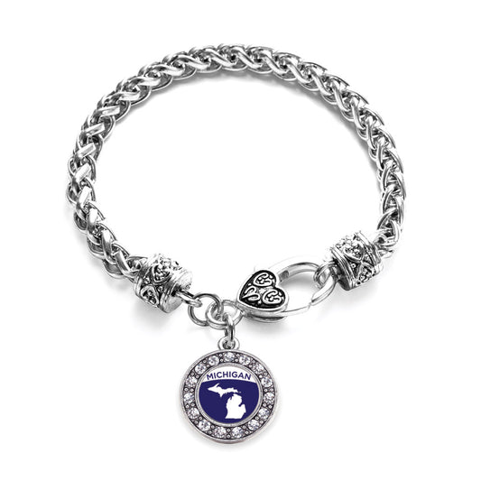 Silver Michigan Outline Circle Charm Braided Bracelet