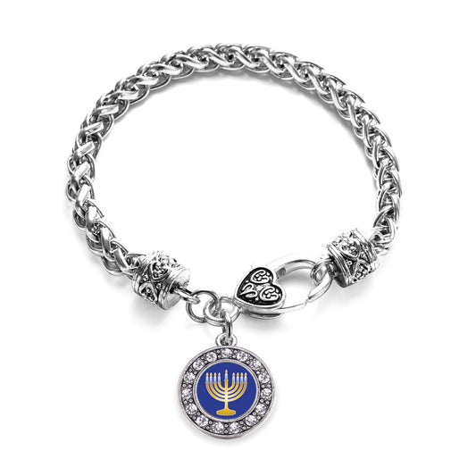 Silver Menorah Circle Charm Braided Bracelet