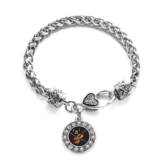 Silver Violin Circle Charm Braided Bracelet
