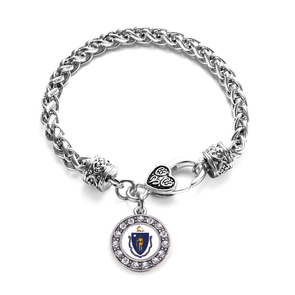 Silver Massachusetts Flag Circle Charm Braided Bracelet