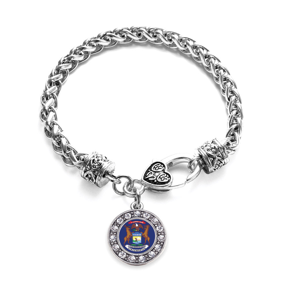 Silver Michigan Flag Circle Charm Braided Bracelet