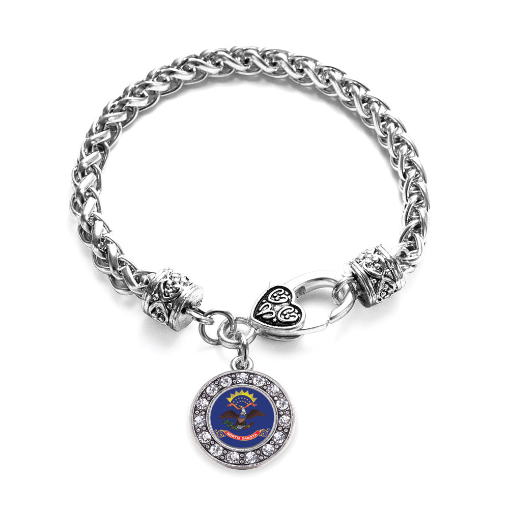 Silver North Dakota Flag Circle Charm Braided Bracelet
