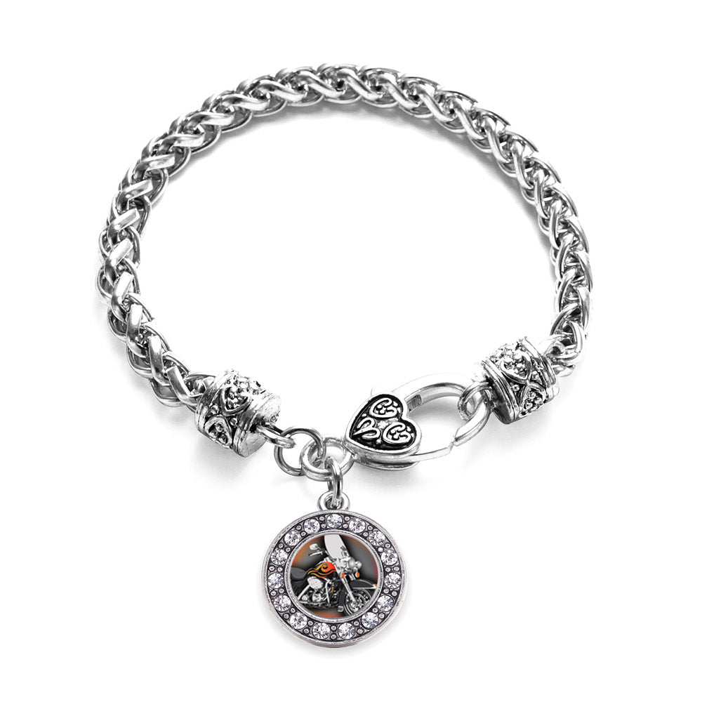 Silver Motorcycle Lovers Circle Charm Braided Bracelet