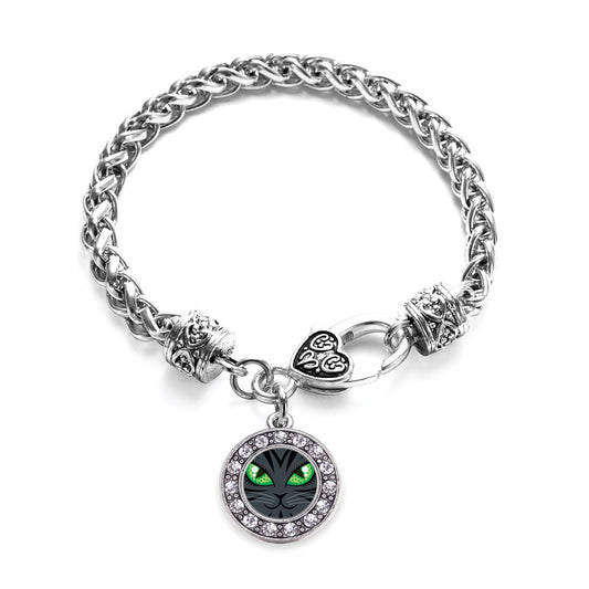 Silver Mischevious Cat Circle Charm Braided Bracelet