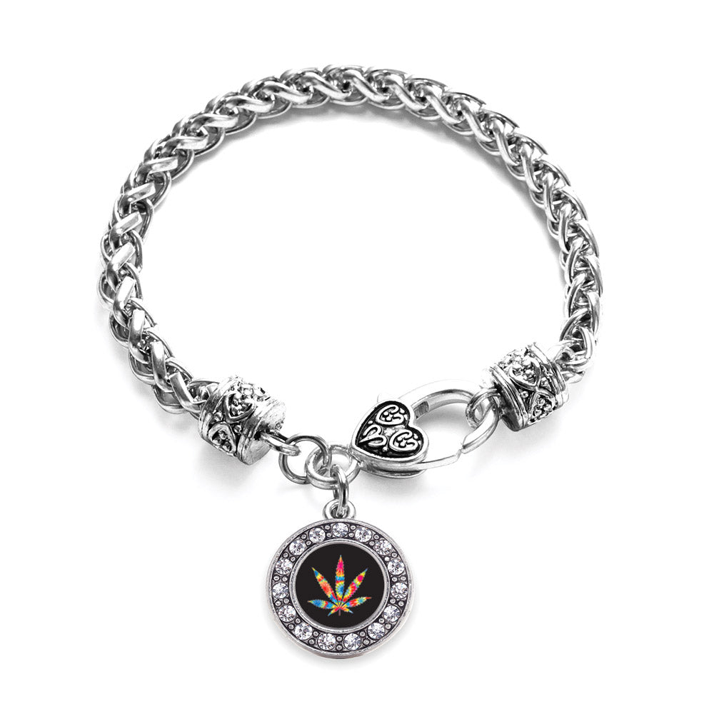 Silver Tie Dye Marijuana Leaf Circle Charm Braided Bracelet