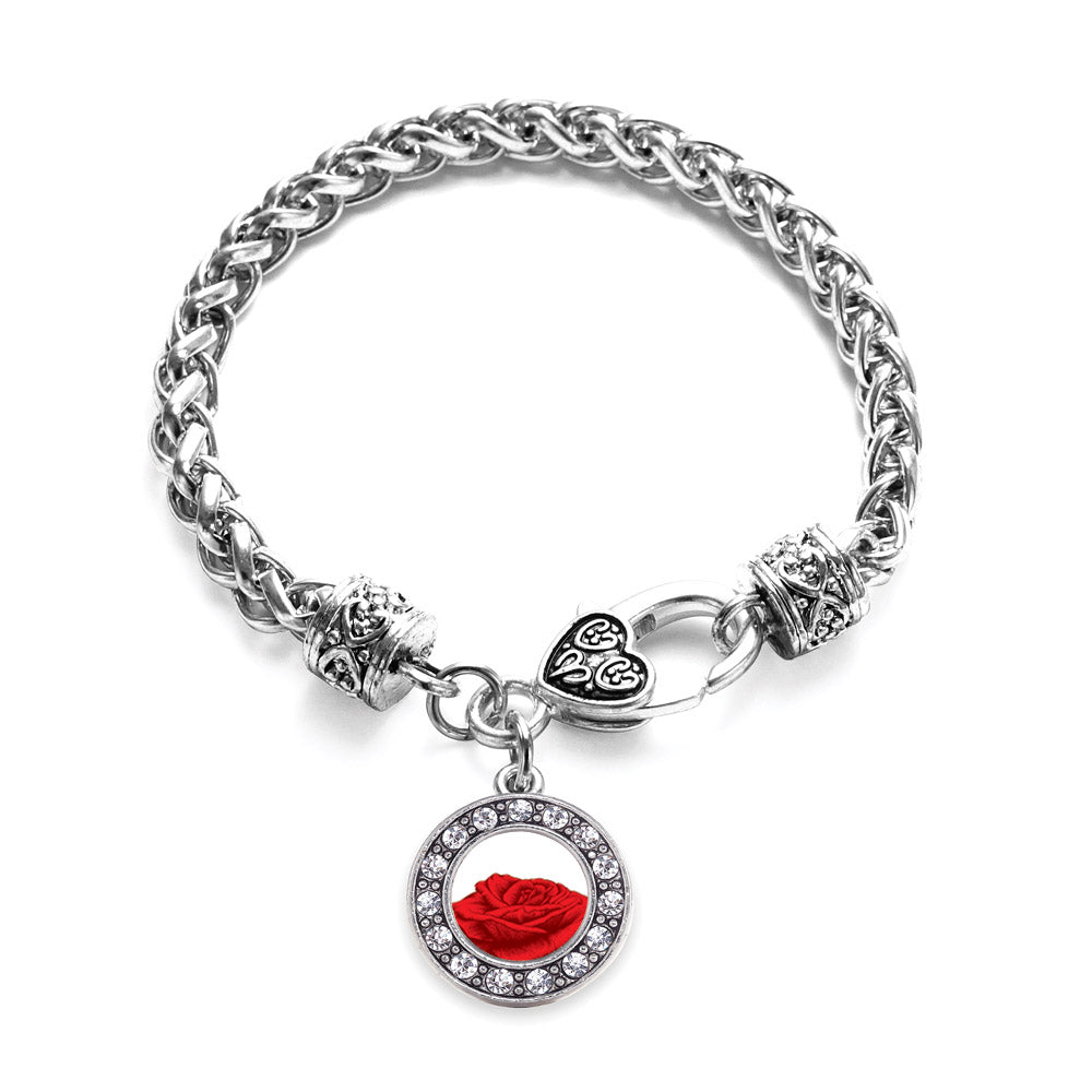 Silver Red Rose Circle Charm Braided Bracelet