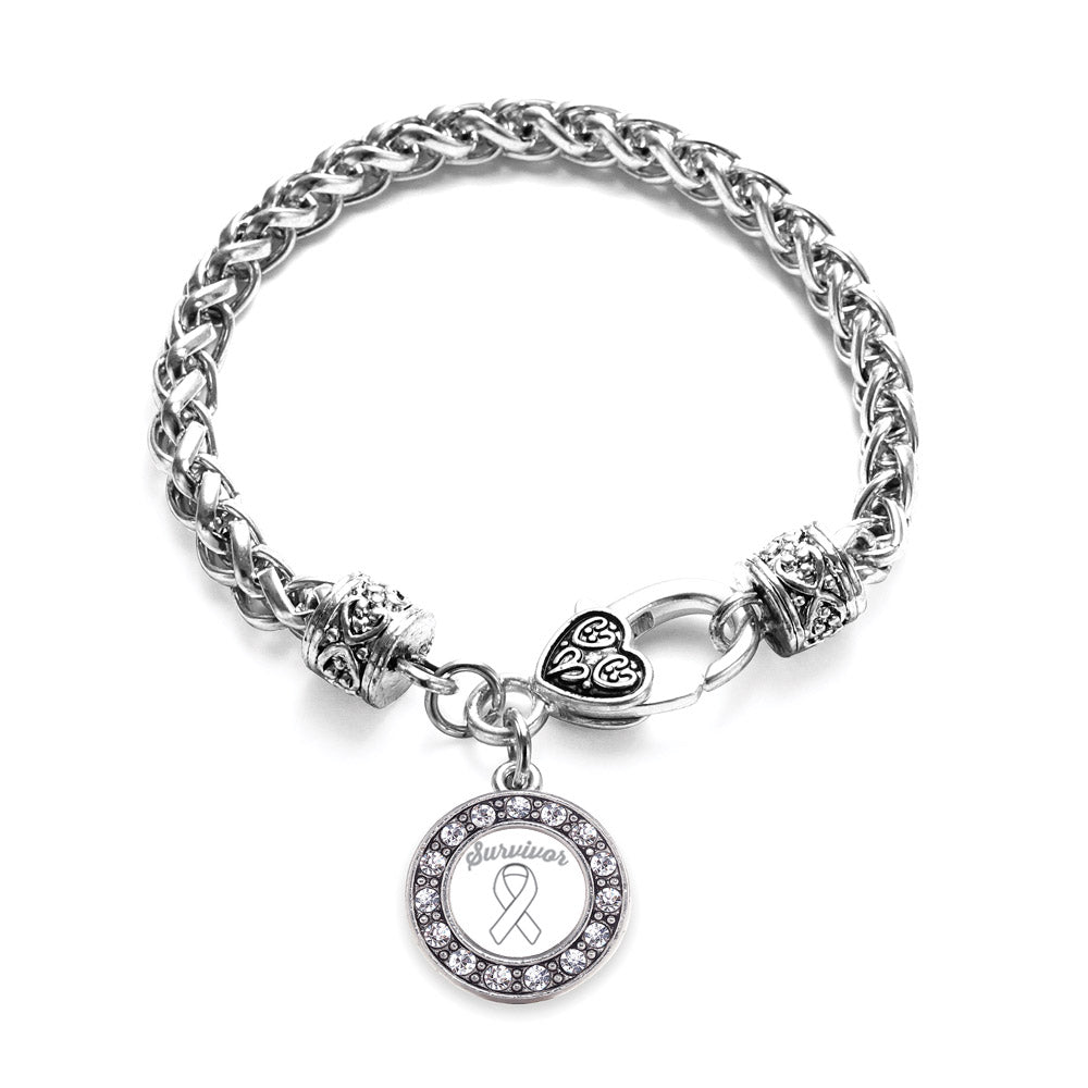 Silver White Ribbon Survivor Circle Charm Braided Bracelet