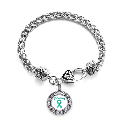 Silver Teal Ribbon Survivor Circle Charm Braided Bracelet