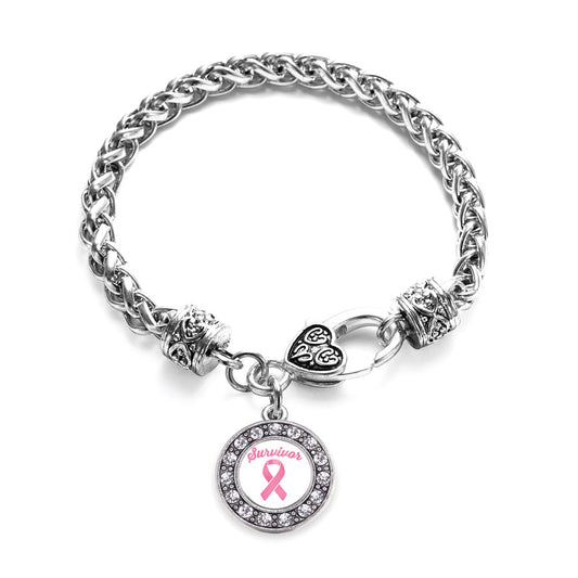 Silver Pink Ribbon Survivor Circle Charm Braided Bracelet