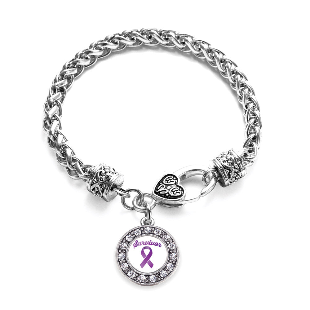 Silver Purple Ribbon Survivor Circle Charm Braided Bracelet