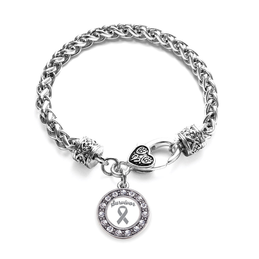 Silver Gray Ribbon Survivor Circle Charm Braided Bracelet