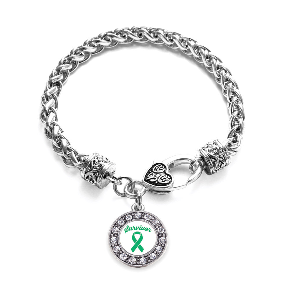 Silver Green Ribbon Survivor Circle Charm Braided Bracelet