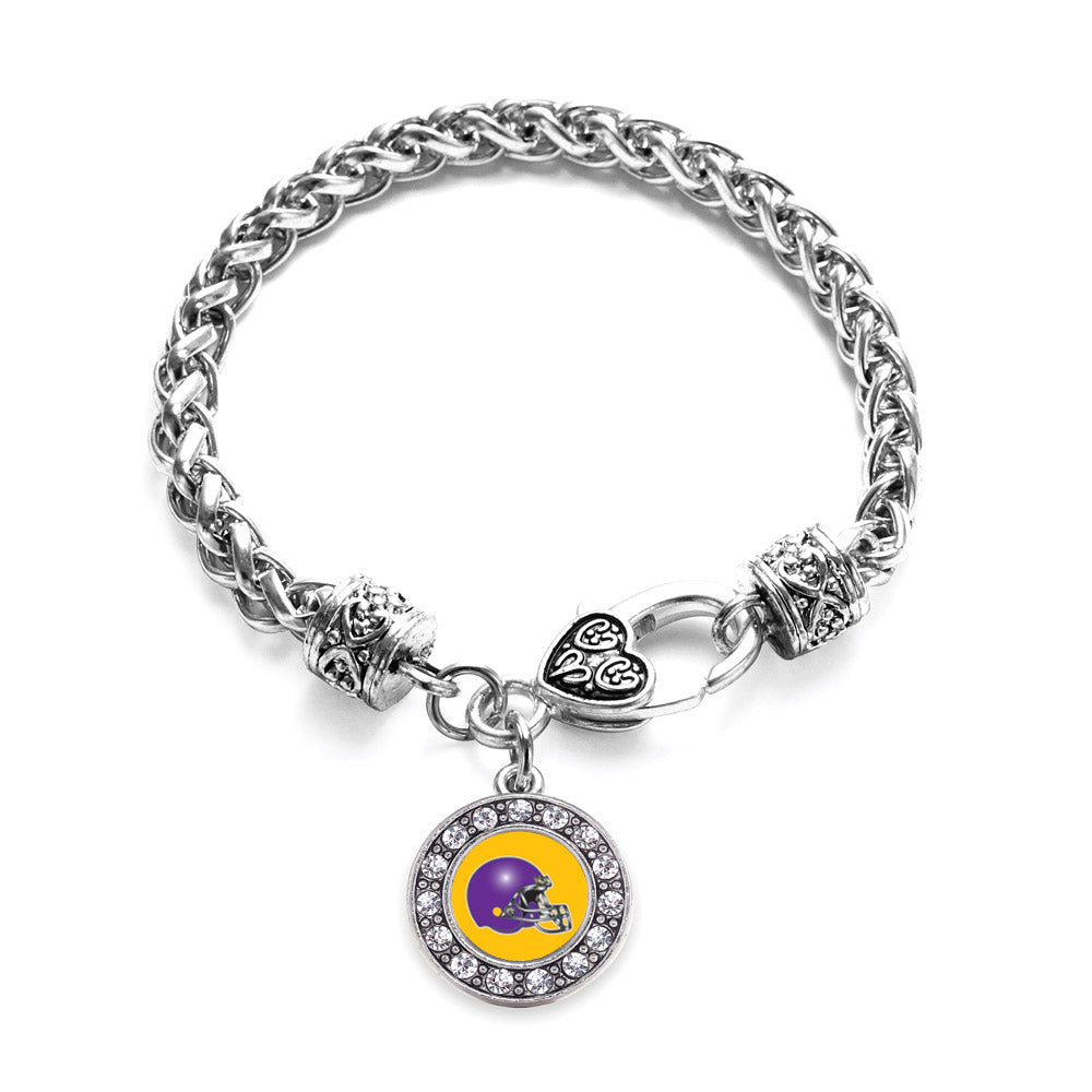 Silver Yellow and Purple Team Helmet Circle Charm Braided Bracelet