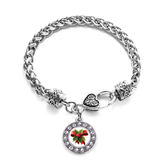 Silver Holly Plant Circle Charm Braided Bracelet