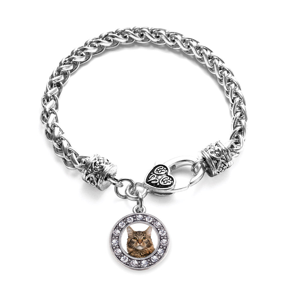 Silver Maine Coon Cat Circle Charm Braided Bracelet