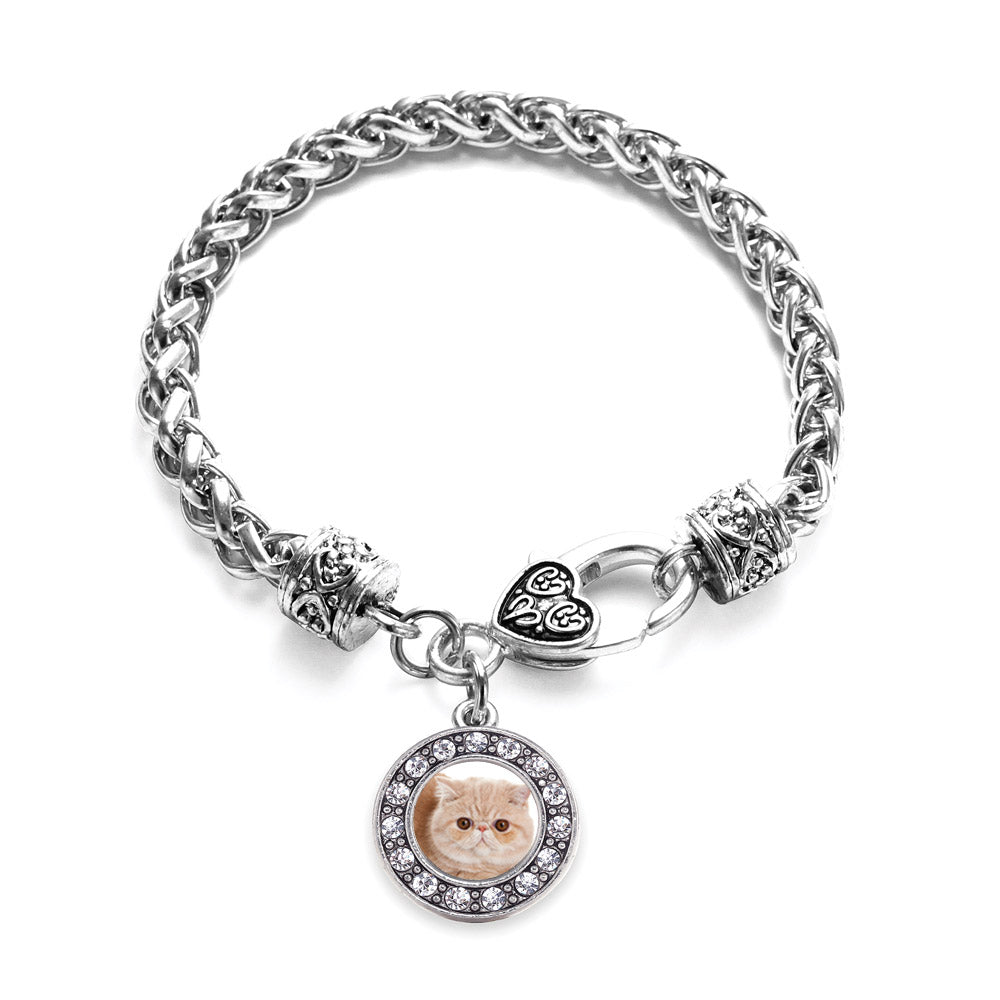 Silver Persian Cat Circle Charm Braided Bracelet