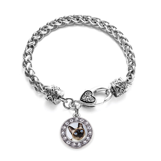 Silver Siamese Cat Circle Charm Braided Bracelet