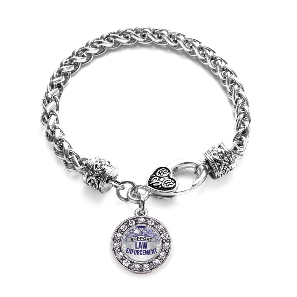 Silver Law Enforcement Support Circle Charm Braided Bracelet