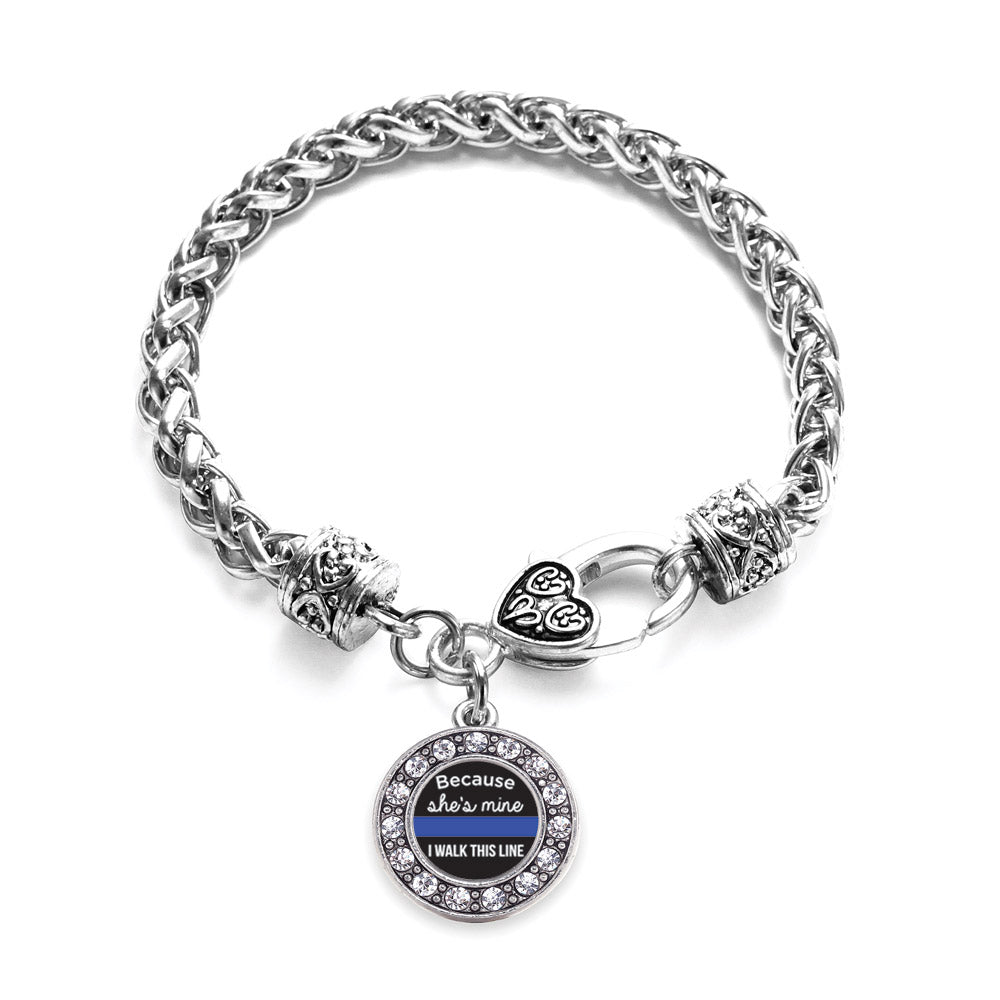 Silver Because She's Mine Blue Line Circle Charm Braided Bracelet