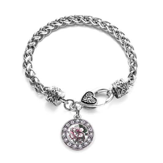Silver Apple Blossom Circle Charm Braided Bracelet