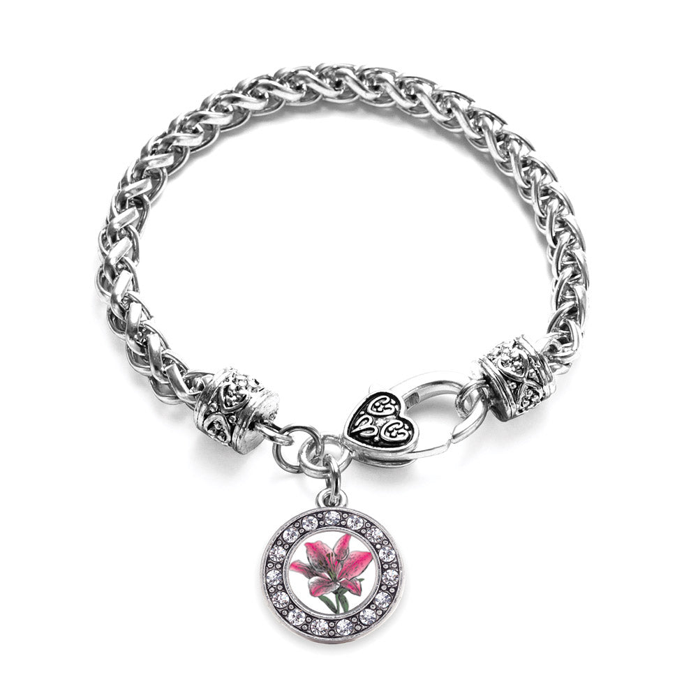 Silver Lily Flower Circle Charm Braided Bracelet