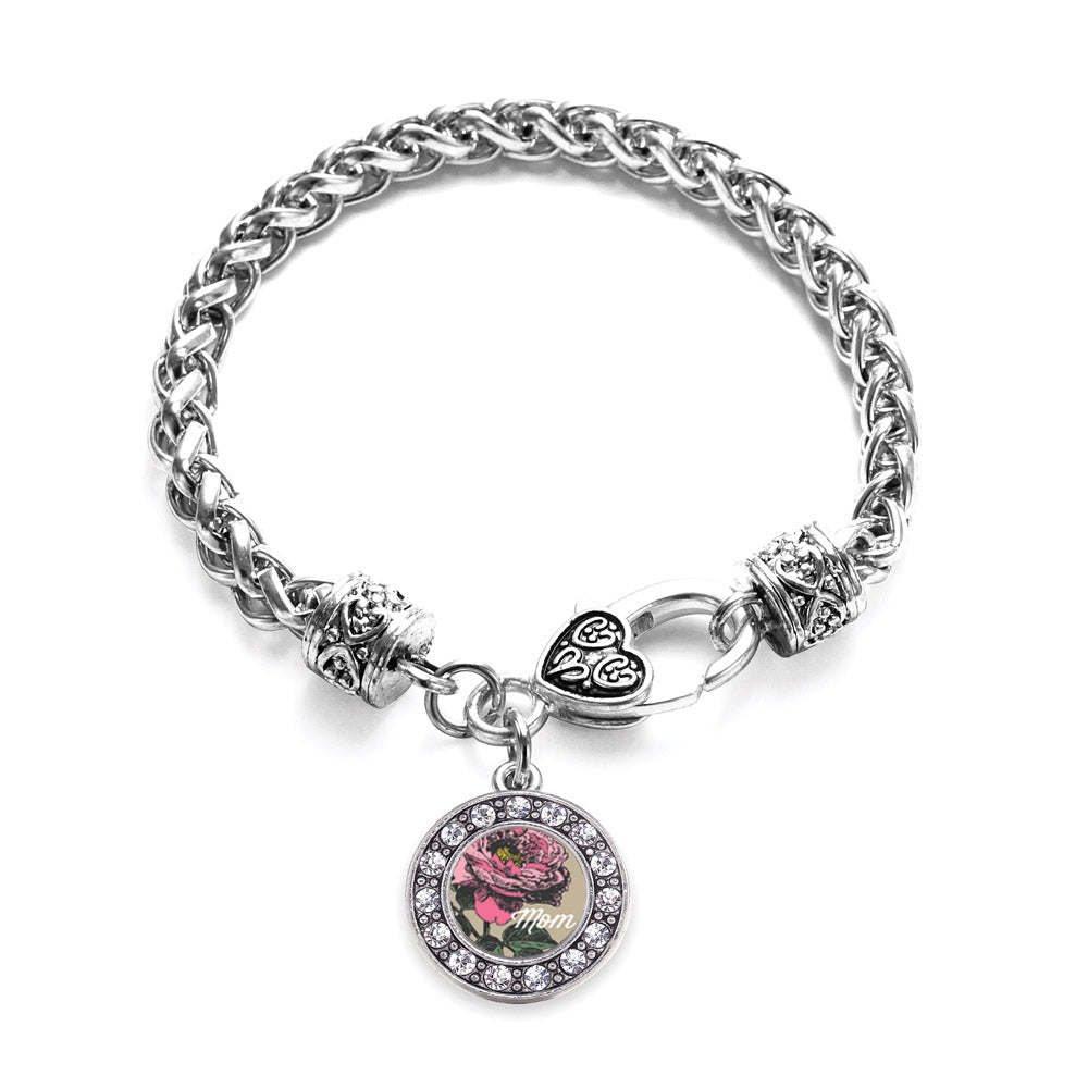 Silver Mom Peony Flower Circle Charm Braided Bracelet